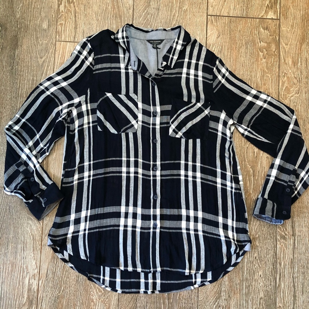 Lucky Brand Navy & White Plaid Flannel w/Pockets L